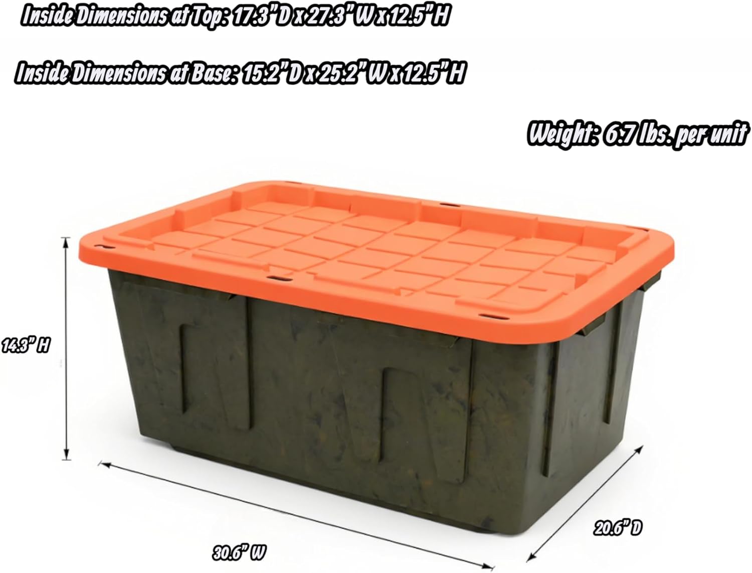 Heavy-Duty Storage Tote, 27 Gallon, Black and Orange, 30.6" W x 20.6" D x 14.3" H (12 PACK)