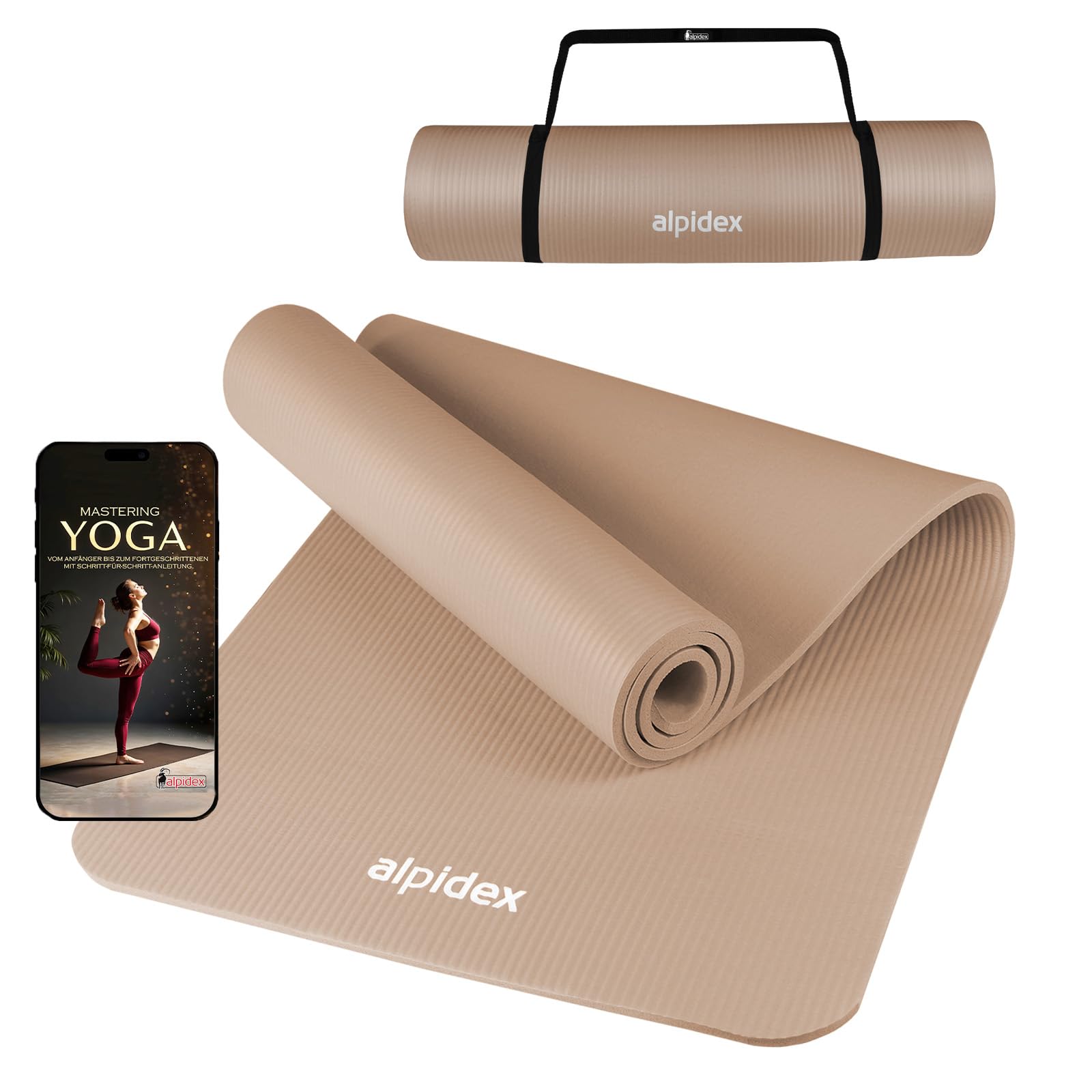 ALPIDEX Yogamatte 183 x 60 x 0.8 cm Phthalatfreie Fitness Matte E-Book Tragegurt rutschfest Gymnastik Turnen Pilates Sport Physio HIIT Yoga Trainingsmatte Isomatte Hautfreundlich, Cream