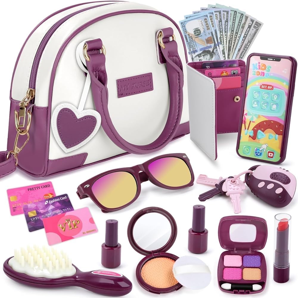 Handtasche Für Kinder Mädchen Mit Make-Up Vortäuschen - Mein Erstes Handtaschen-Set mit Handtasche, Handy, Geldbörse, Schminkspielzeug und mehr für Mädchen ab 3 Jahren, Geschenkidee für Kinder