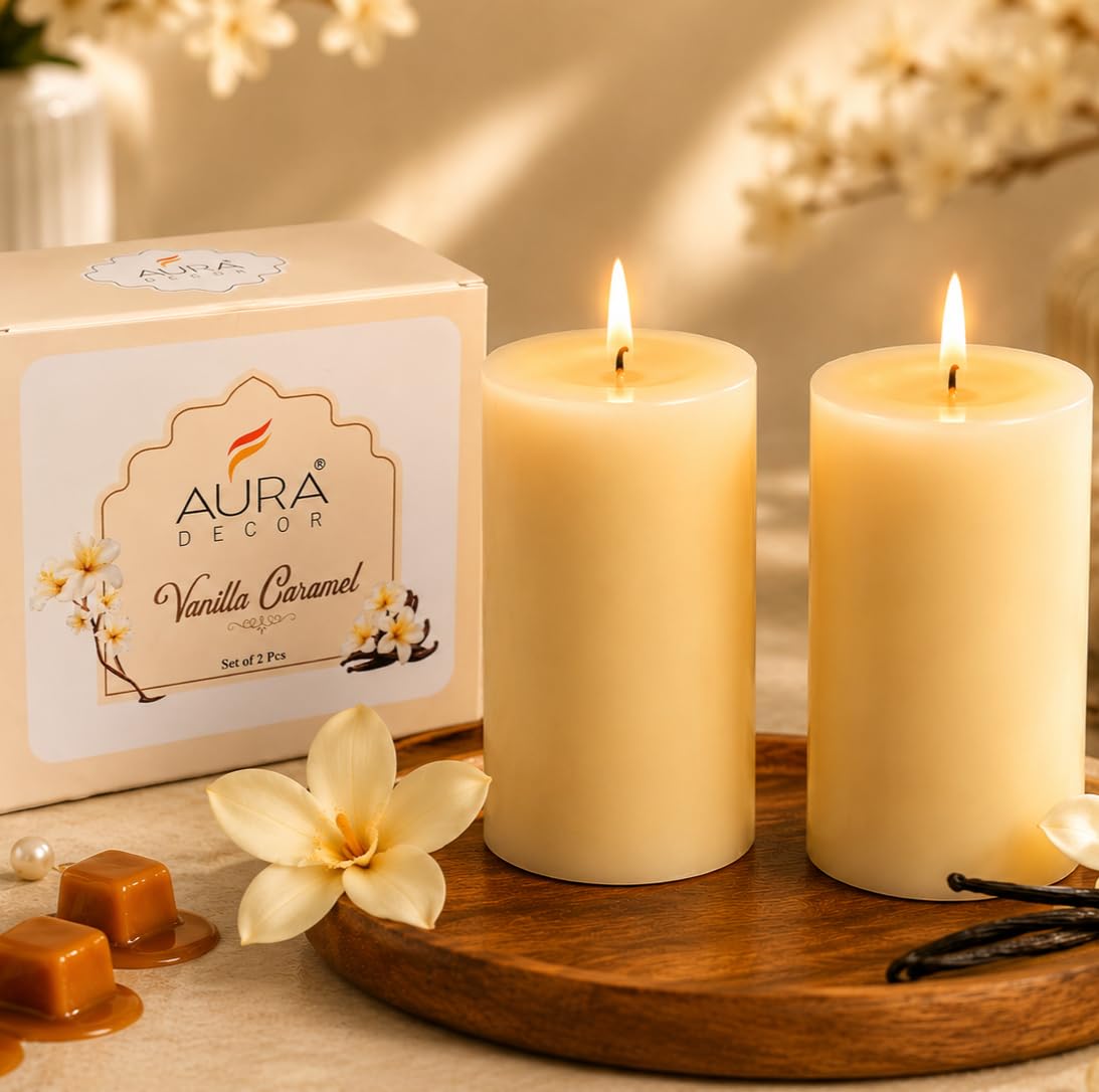 AuraDecor Vanilla Caramel Scented Pillar Candles | Set of 2 | 25 Hours Burn Time Each | Smokeless Paraffin Wax Candles | Long Lasting Fragrance | Decorative Candle for Home Décor & Gifts-image-13