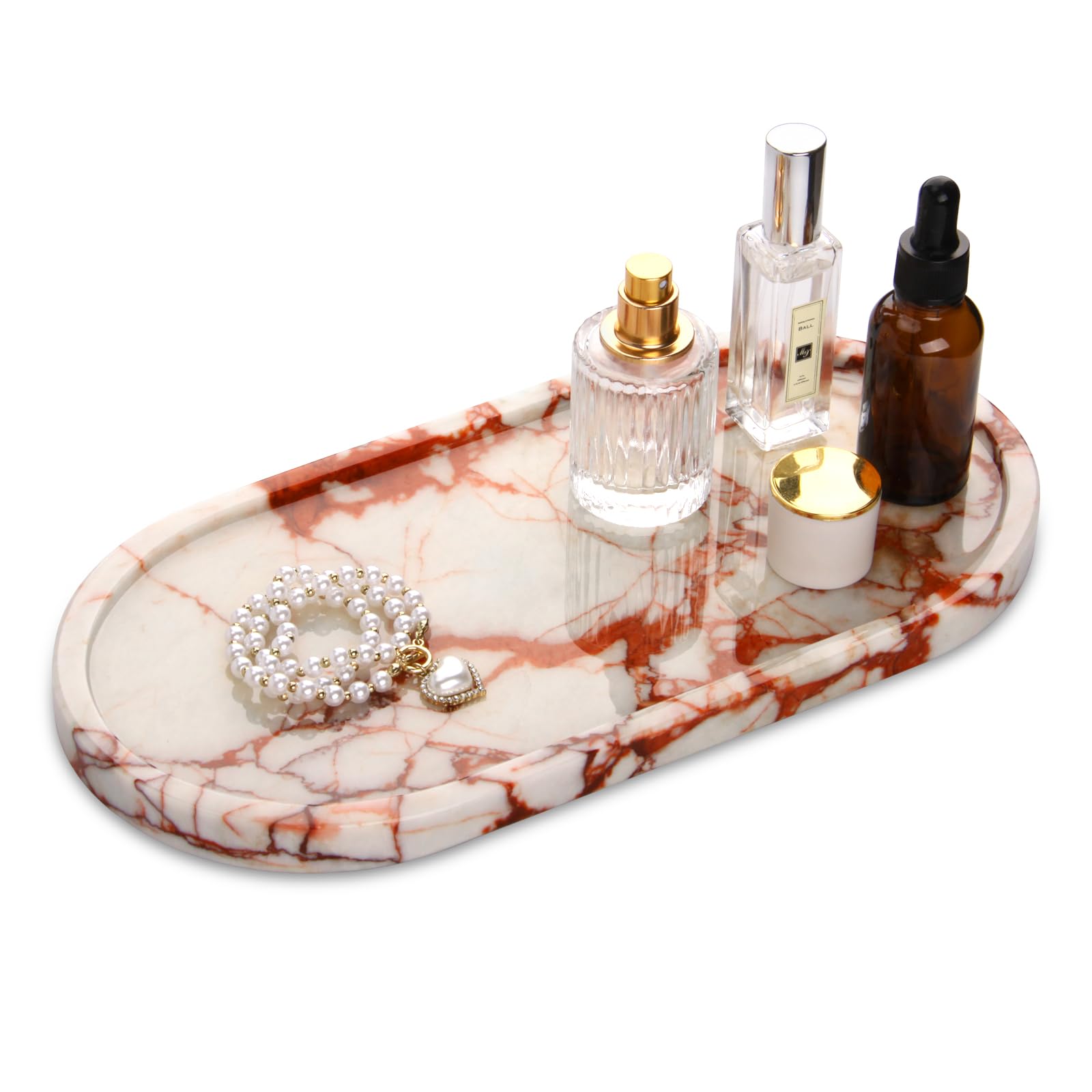 Plateau de Salle de Bain Plateau Oval Marbre Naturel Luxe Décoratifs pour Coiffeuse Organisateur Bougie Bijoux Parfum Maquillage Calacatta Rouge 30 x 15 cm