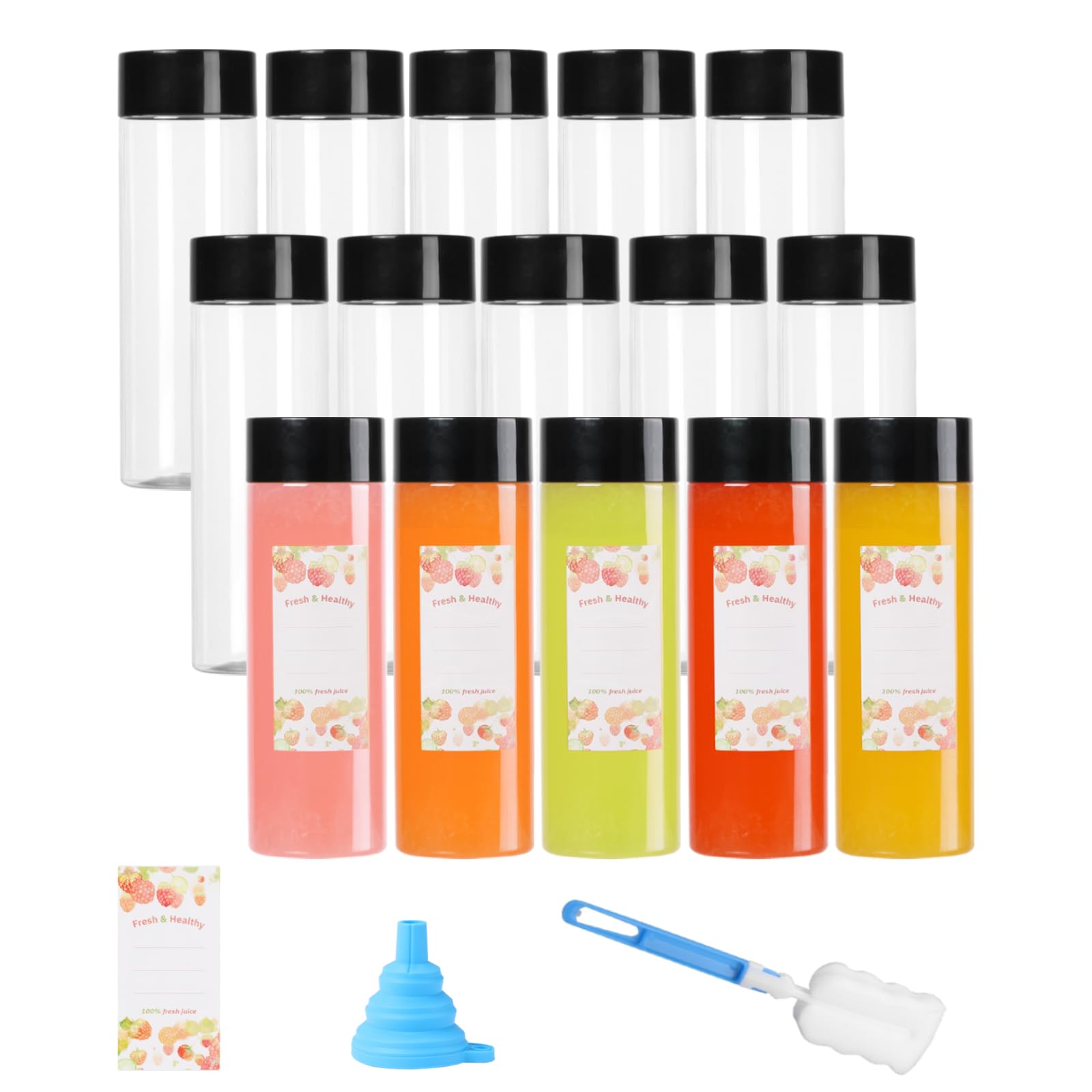 Naivees 15 Pcs 12 Oz Juice Bottles with Black Lids Empty Plastic Round Bottle for Juicing Reusable Containers with Caps for Water Tea Milk and Other