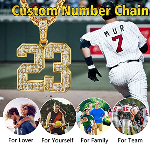 Hip Hop Custom Number Chain Bling Cz Iced Necklaces For Men 18K Gold Plated Sports Jersey Number 18 23 24 27 28 Pendant Personalized Jewelry For Rapper Boys 22Inch Wheat Chain #TOP5
