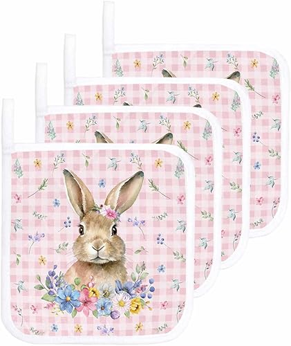 4 Packs Easter Spring Bunny Pot Holders Sets for Kitchen,Oven Pan Plate Bowl Pads Heat Proof Mat with Hanging Loop,Terry Cloth Potholders Soft Grip
