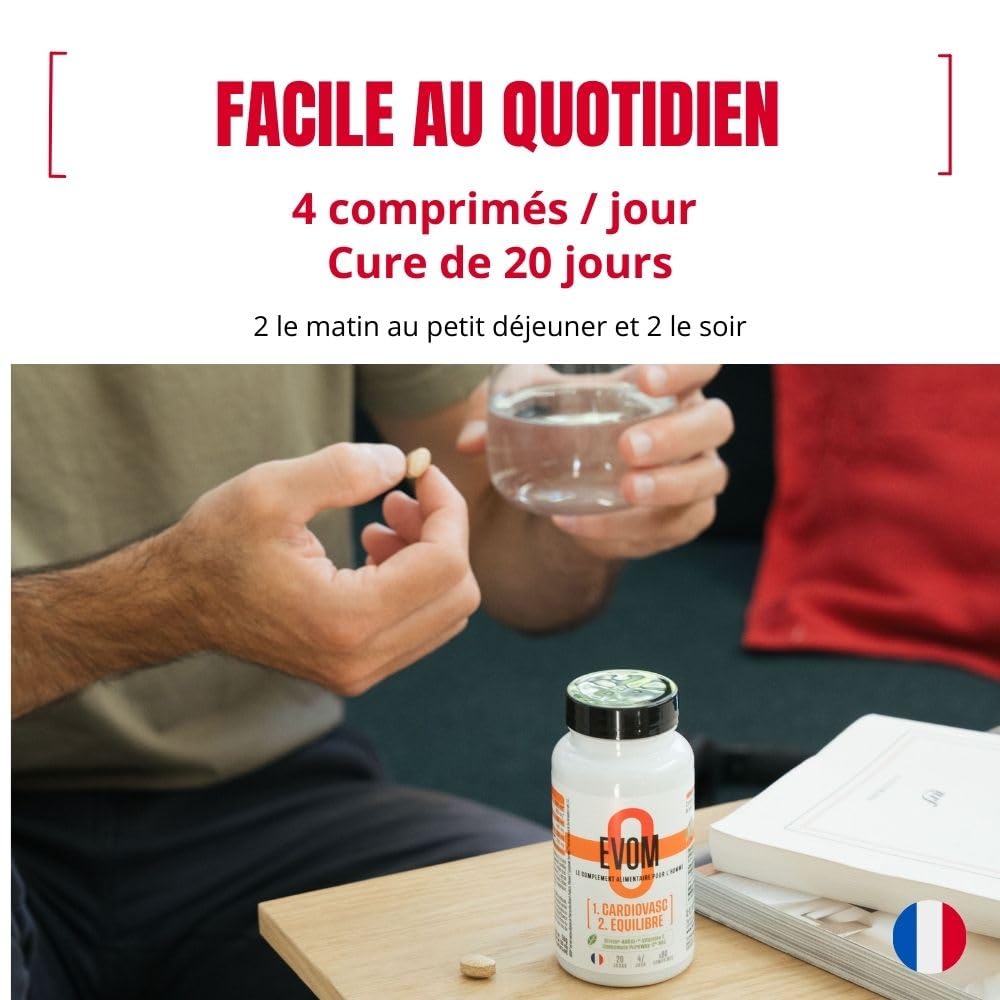 EVOM CardioVasc Équilibre - Complément alimentaire coeur, cholestérol et tension - Ail Noir ABG10+®, Olivier BENOLEA®, Vitamine C liposomale, Cannelle, Cassis, NAC - 80 comprimés - Complément Hommes