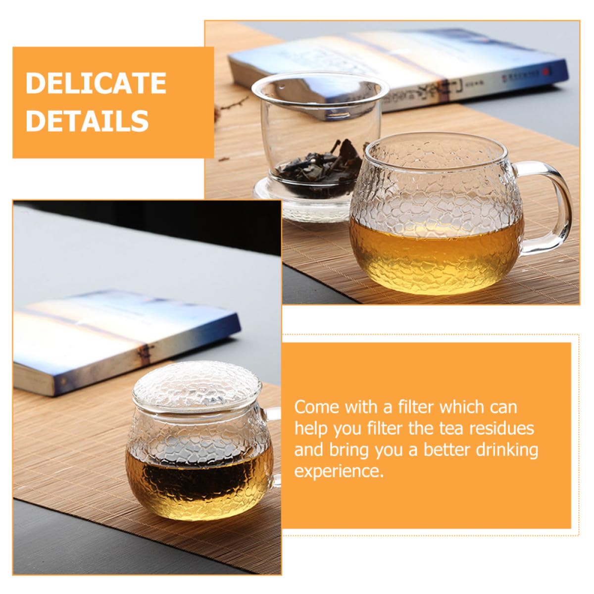 TOYANDONA Taza de Té Gruesa de Vidrio con Diseño Martillado Set de 3 Piezas con Infusor y Tapa Taza con Asa para Oficina y Hogar Filtro para Té Suelto Multiusos 350 Ml