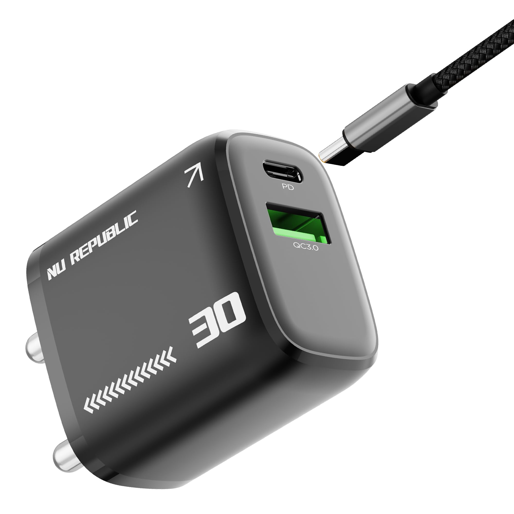 nu republic cybotron 30w dual port gan superfast wall charger, usb & type c port with qc & pd technology compatible with macbook & type-c laptop charging, iphone with type-c to type-c cable (black)