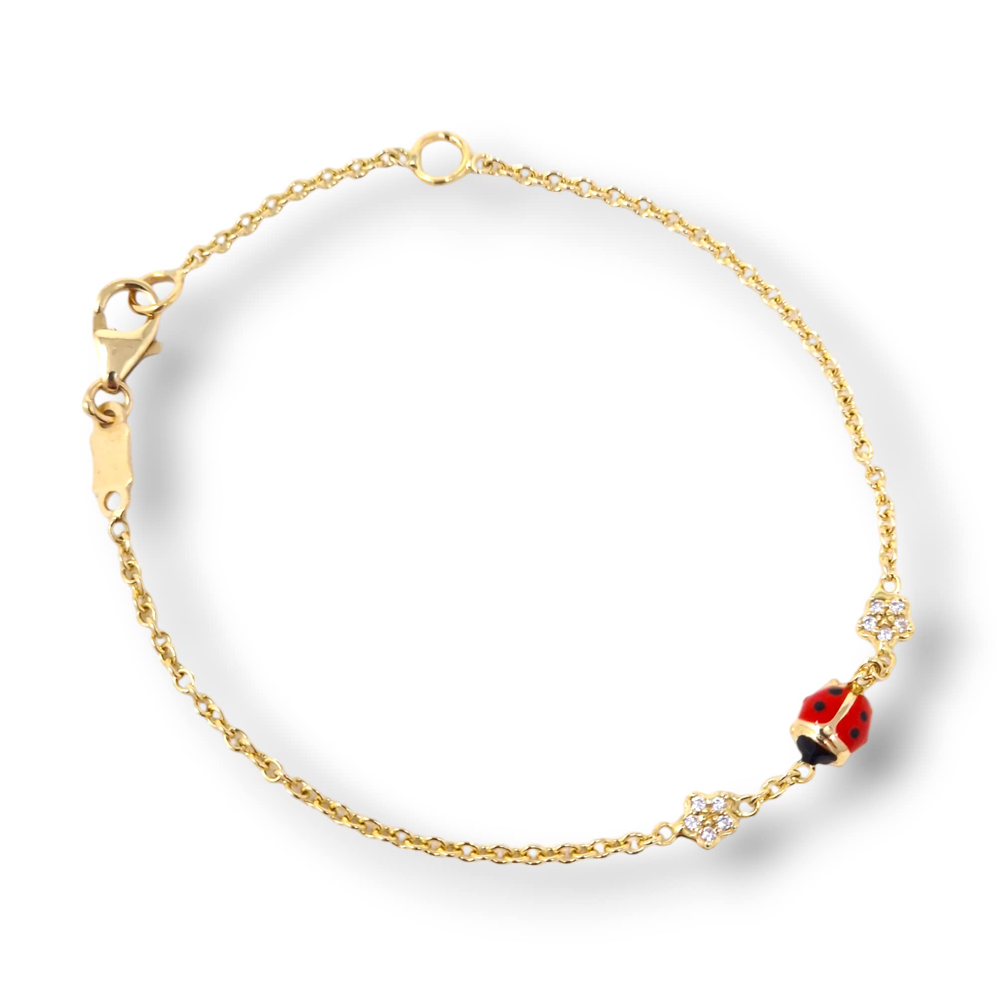 Italian Jewelry and Craftsmanship Bracciale coccinella rossa in oro giallo 18 Kt (750) per neonati o bambini unisex a catena Rolò doppia misura regolabile e fiori