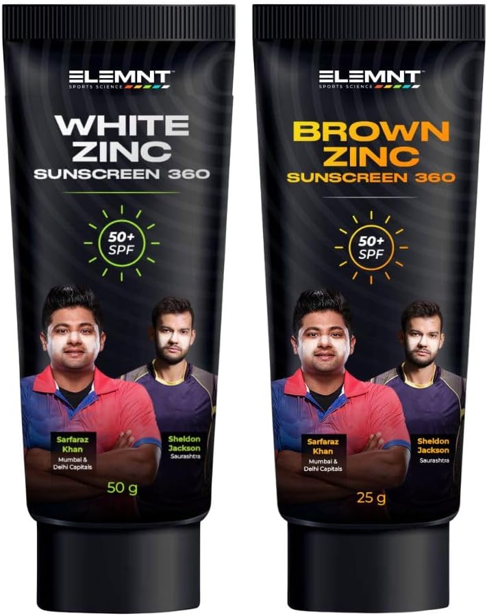 Elemnt Brown Zinc Sunscreen + White Zinc Sunscreen Combo Pack | SPF 50+ Zinc Sunscreens for Cricketers & Sports | Paraben & Sulphate Free | Water & Sweat Resistant Sunscreen that Lasts 6 Hrs+ | 100gm