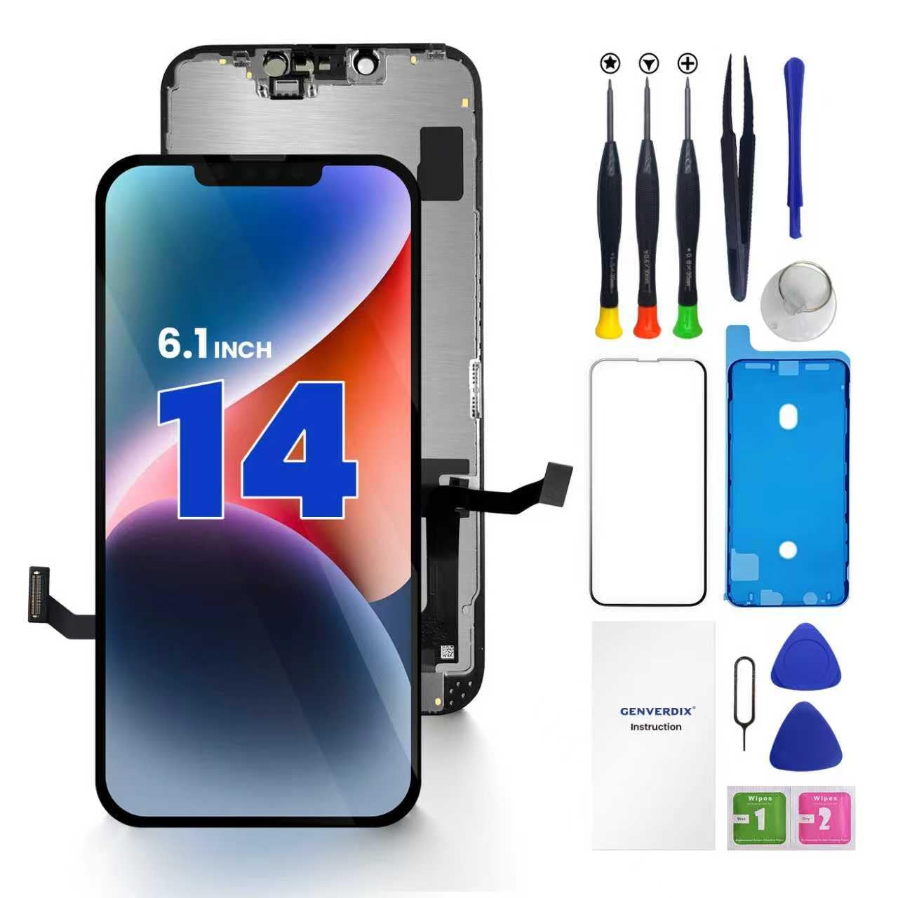 Genverdix Schermo per iPhone 14 – Kit di Riparazione FHD DIY 3D Touch Display da 6.1 Pollici, Completamente Compatibile con Face ID, Colori Vivaci, Alta Risoluzione