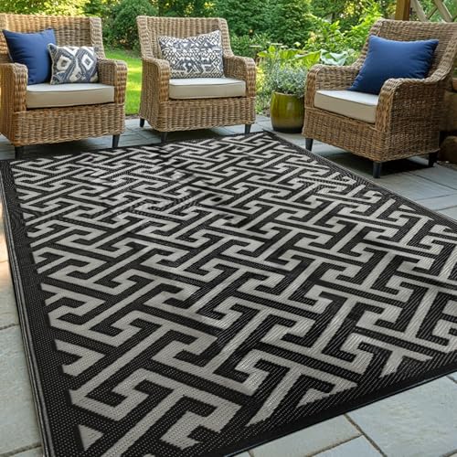Waterproof Outdoor Rug 5x8 ft, Reversible Plastic Straw Rug, Easy to Clean Patio Rug, Portable Carpet for Patio, RV, Deck, Balcony, Backyard, Picnic, Beach, I-Shaped, Black