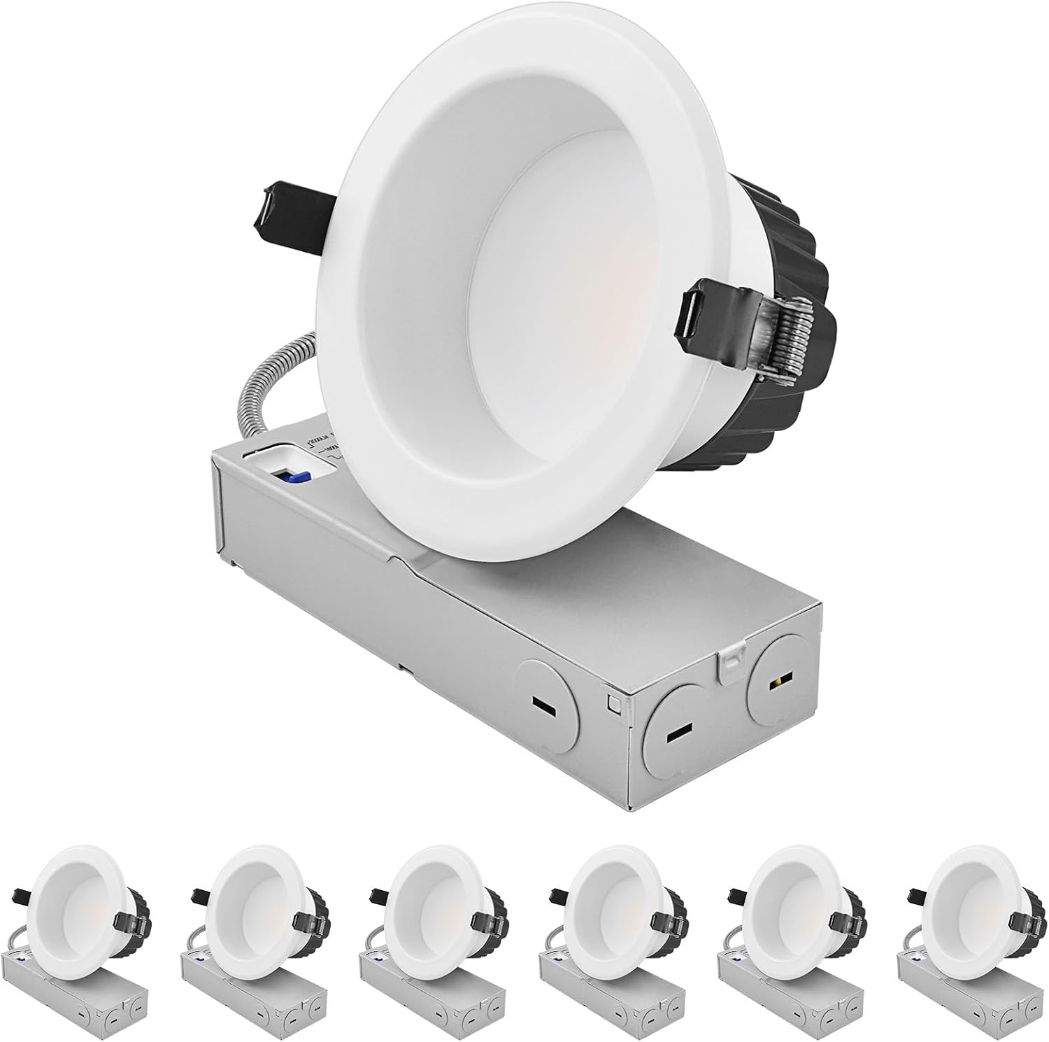 LUXRITE 4" Inch Commercial LED Recessed Light with J-Box, 5 CCT Options 2700K-5000K, 3 Wattages 12/16/20W, 0-10V & TRIAC Dimmable, CRI90, 1200/1600/2000 Lumens, 120-277V, Wet Rated, IC Rated