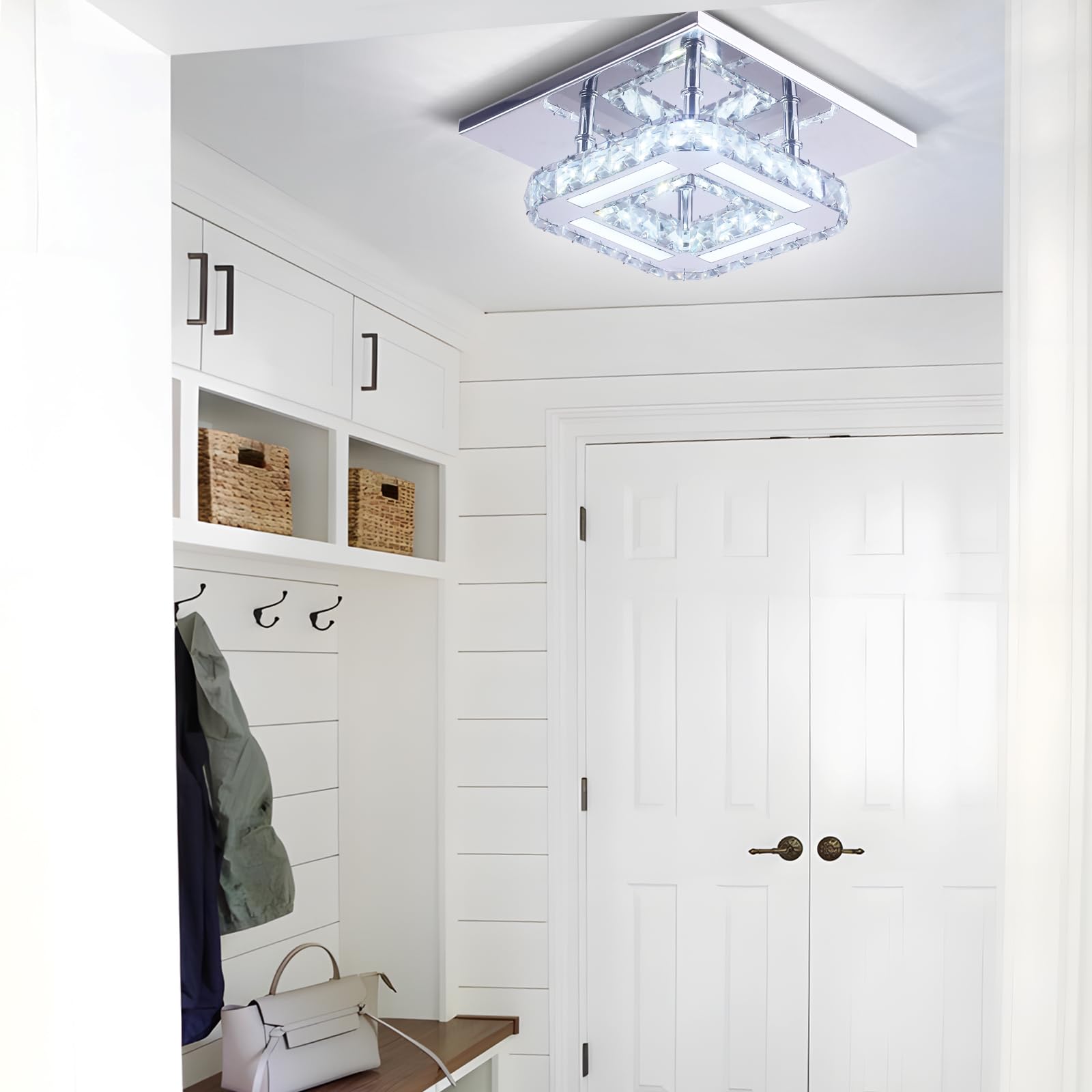 CXGLEAMING Plafonnier En Cristal Moderne, MINI Lustre En Cristal Carré Plafonnier à LED De Luxe Contemporain Semi-encastré Pour Chambre à Coucher, Salle à Manger, Cuisine, Couloir, Entrée, Hall