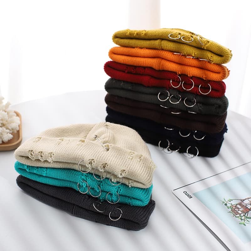 Hip-hop Slouchy Ripped Knitted Hat Unisex Metal Ring Skull Caps Hat - Image 5