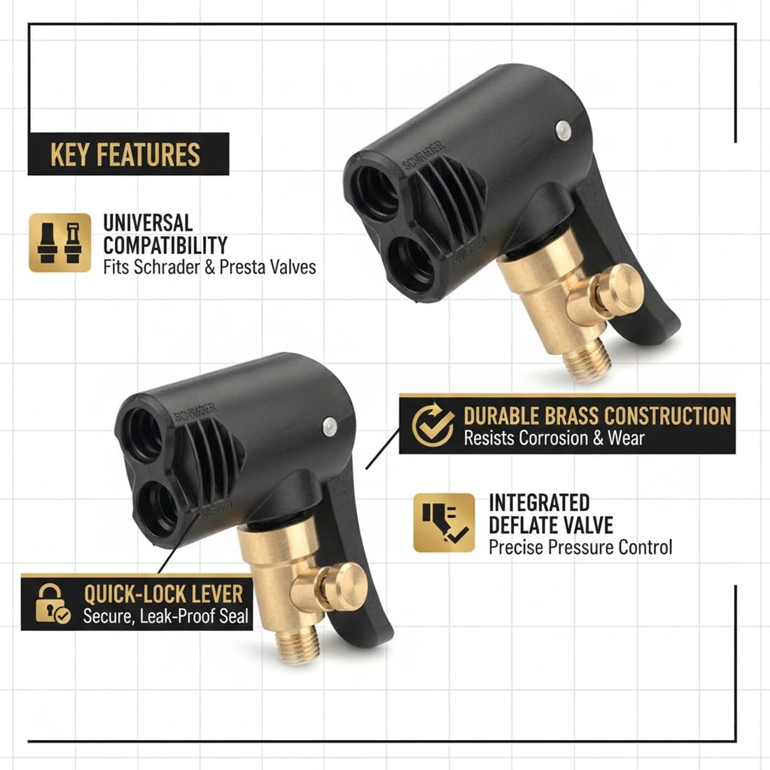 Adattatore 2-in-1 Testa di Riempimento Aria, Air Chuck in Ottone, Accessori Compressore Aria per Bicicletta, Auto, Moto, Pompa d'Aria e Compressore Portatile - 3