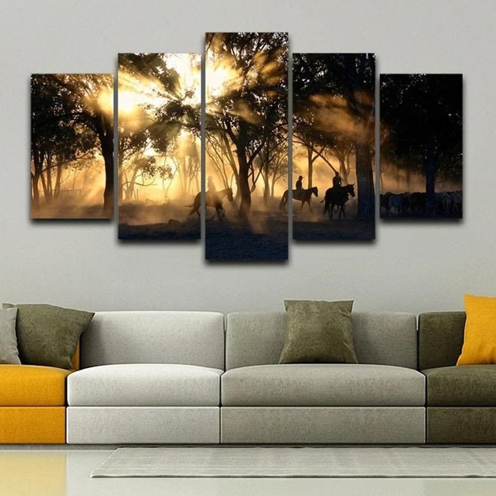 QYYAMDEQ Cuadros Decoracion Salon Modernos 5 Piezas Cowboys A Caballo Sol De La Mañana Lienzo Cuadros Hogar Decor Para Cocina Para Dormitorios Para Comedor Baño Cuadros Con Marco