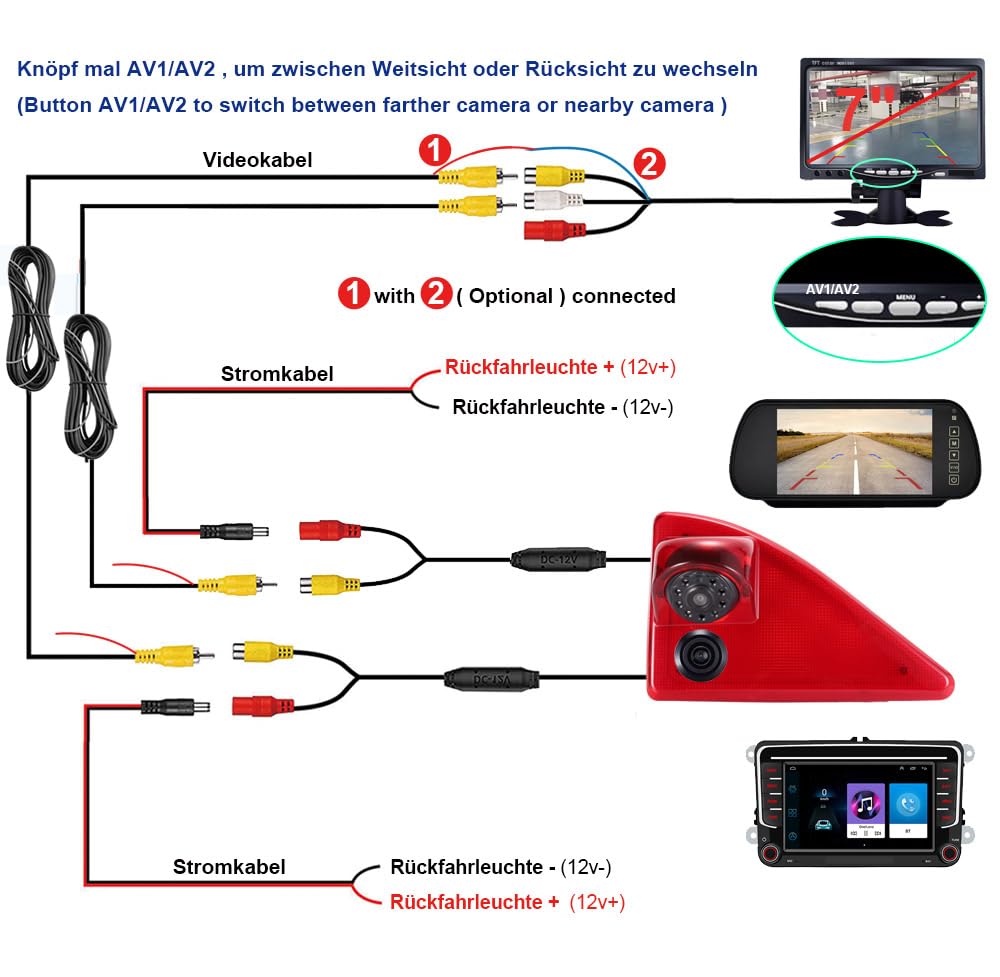 Caméra de recul double étanche à l'eau avec vision nocturne pour Nissan NV400 X62 X62B/Opel Vauxhall Movano MK2 MK3/Renault Master III JV FV + Rétroviseur de remplacement de 7 pouces