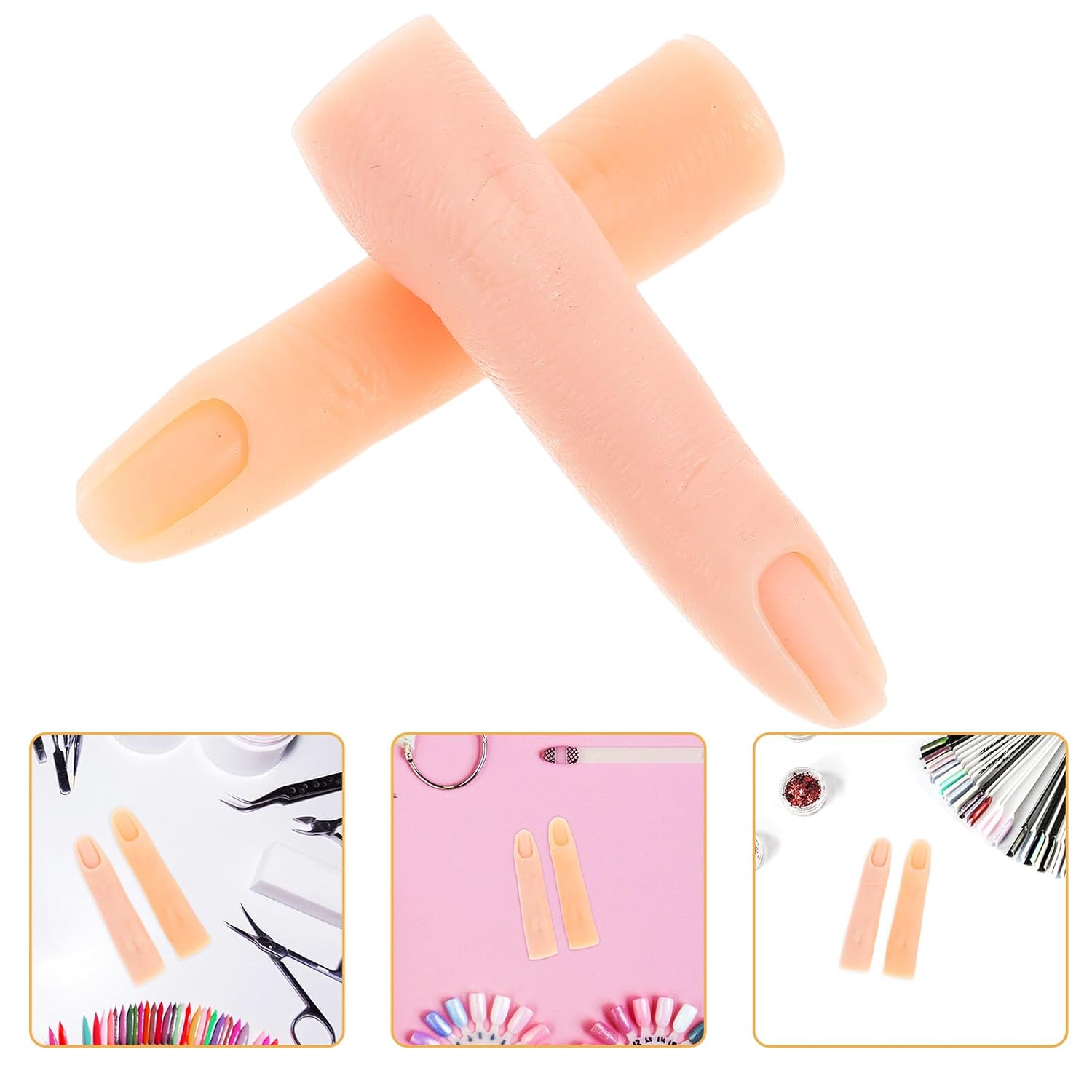 FUOYLOO 2pcs Silicone Nail Training Fingers Practice Hand Mannequin Flexible Fake Fingertips for Manicure Nail Art Training Deep and Fair Skin Tone for DIY Care