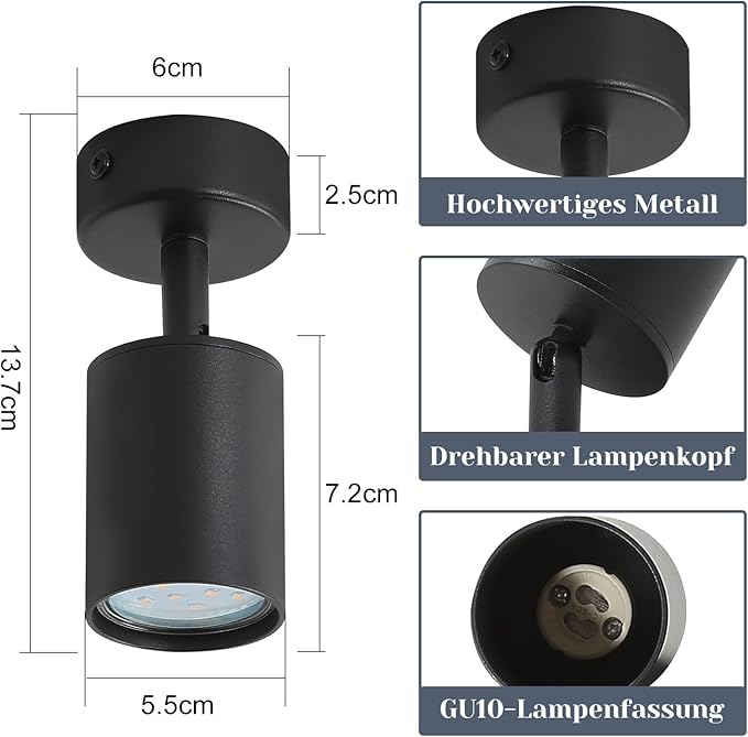 ZMH ZMH LED plafondlamp zwarte plafondspot: GU10 plafondlampspots 1 lamp, 330° draaibare plafondspots, moderne hallamp, industriële wandspot voor woonkamer, slaapkamer, keuken, zonder lamp photo 2