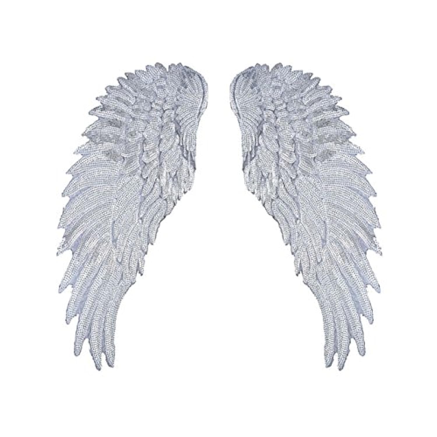 Tuba Angel Wings Sequins Patches - Iron-On Embroidered Applique For Clothing (11x12 Inch Pair)