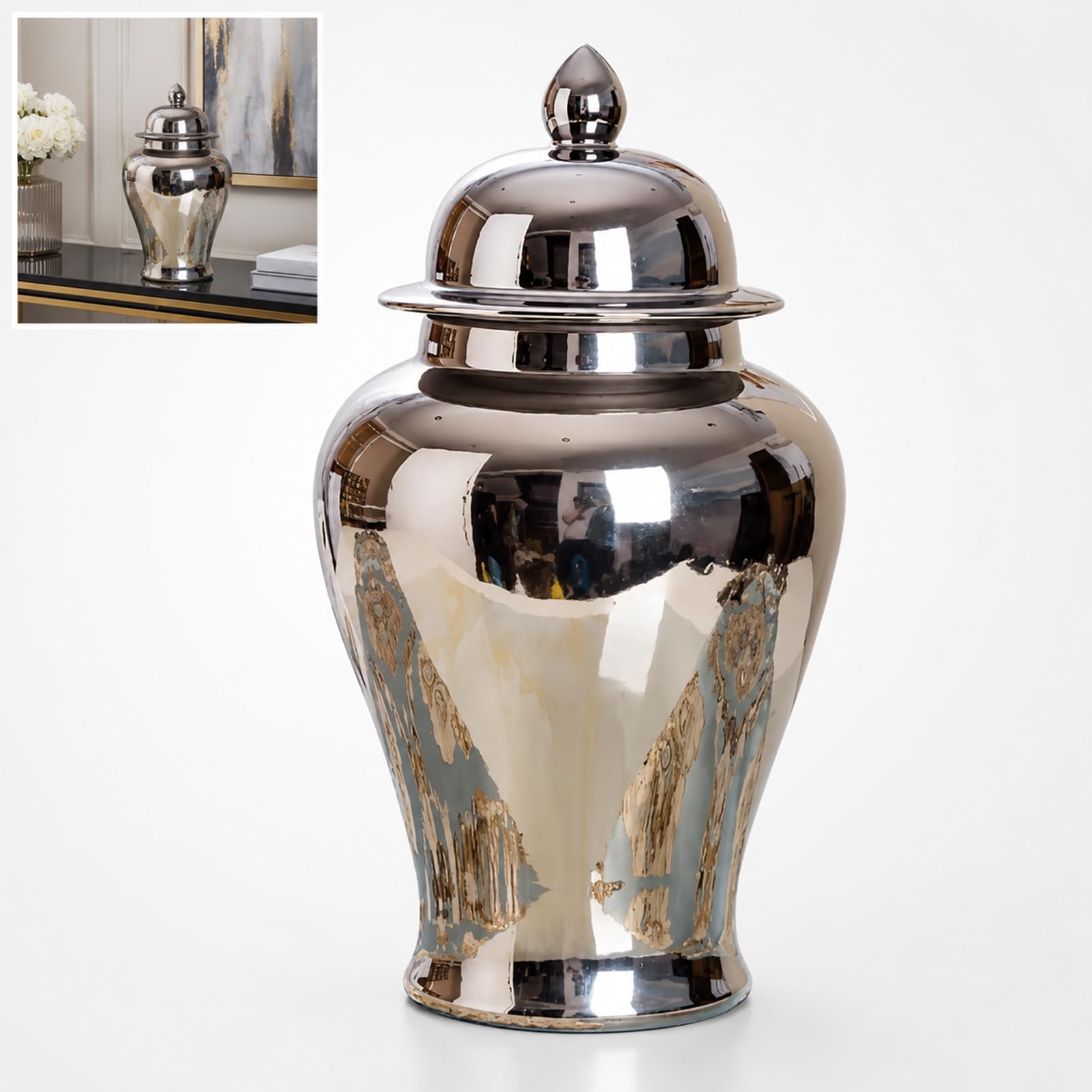 Ginger Jar Ceramic Vases With Lid For Home Decor Dried Flower Porcelain Decorative Jars (silver,22 * 39cm)