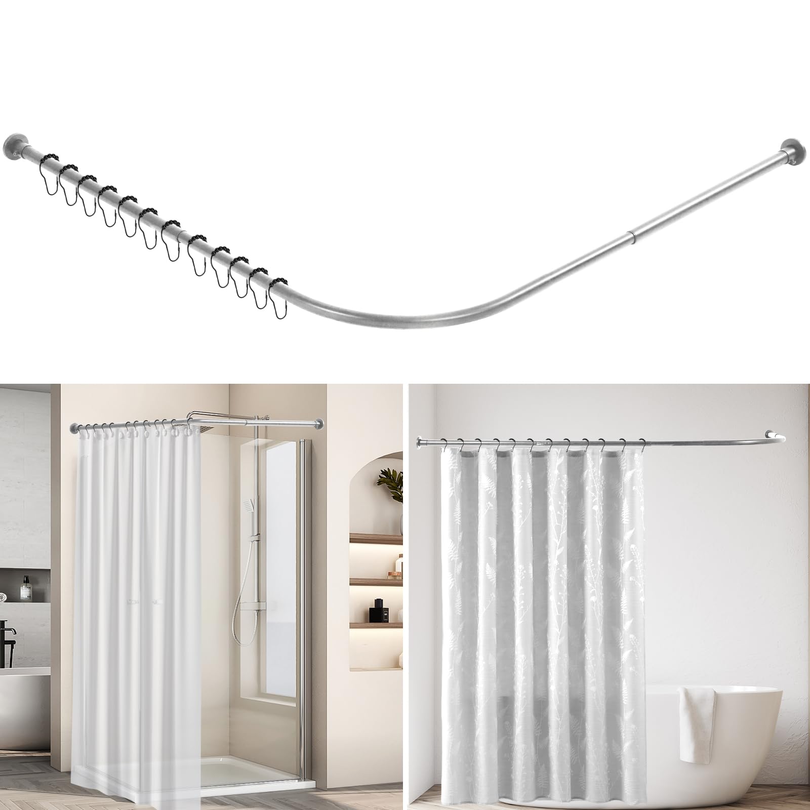 L Shaped Shower Curtain Rail, Extendable Shower Curtain Pole, Stainless Steel Curved Curtain Pole, Shower Curtain Rod with 12 Hooks for Bathroom Bathtub (Silver, 68-98cm x 68-98cm)