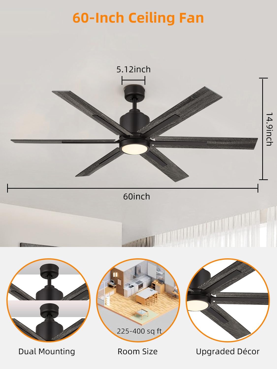 60 Inch Ceiling Fan with Light and Remote, Large Farmhouse Industrial Ceiling Fan for Living Room, Dining Room, Reversible DC Motor, 6 Speed, Black Bronze