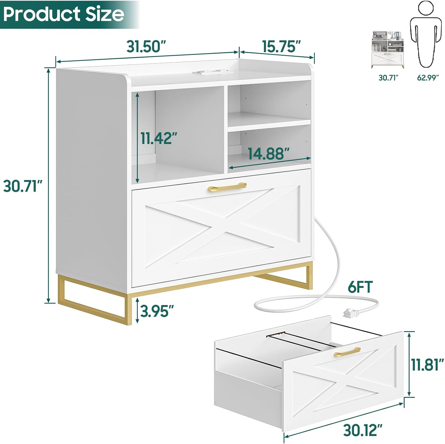 Lateral File Cabinet A Large Drawer File Cabinet with Charging Station for Home Office Furniture, Modern Farmhouse Wood File Storage Cabinet with Open Adjustable Shelves, White One Drawer image 2 of 7 B0DJXS8YS9