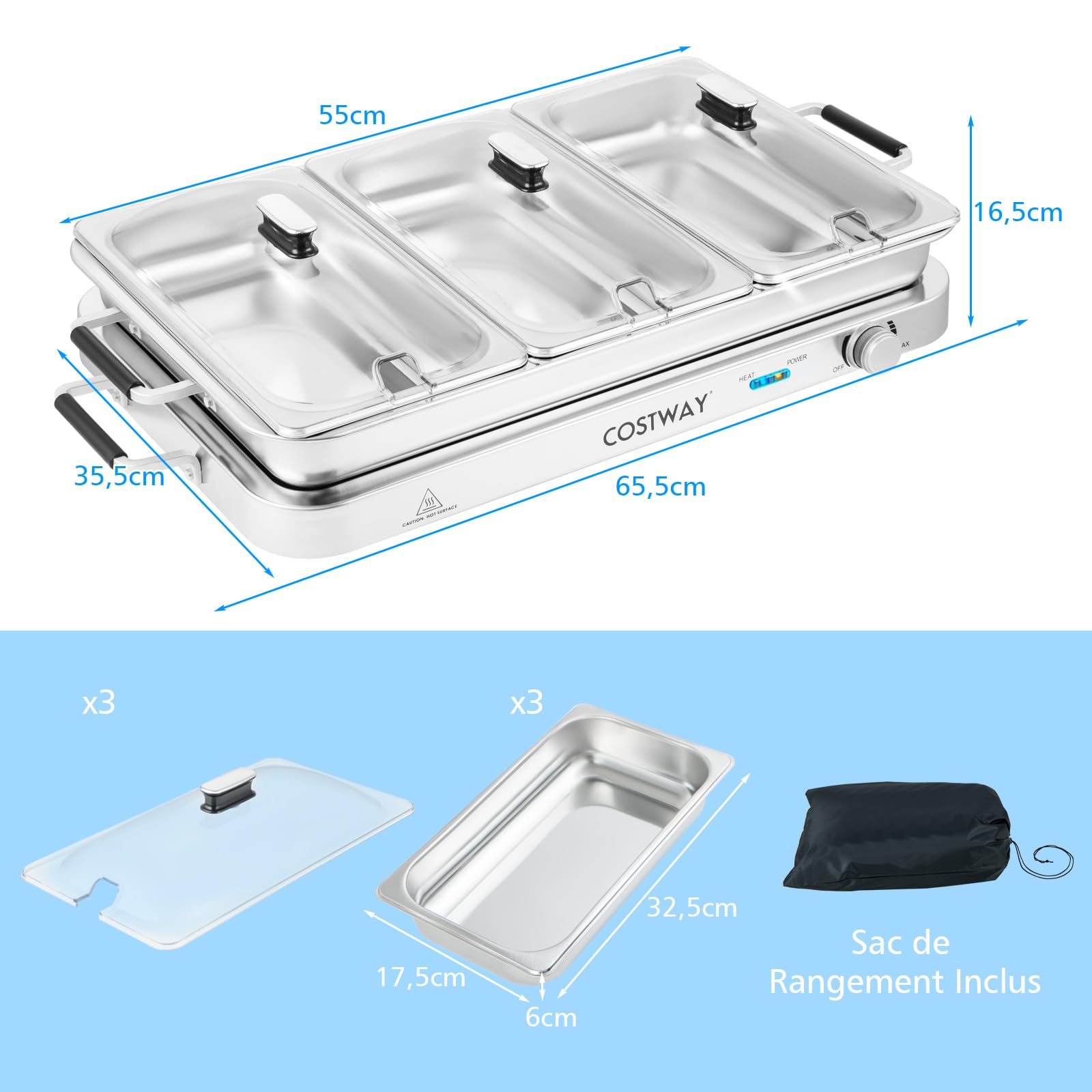COSTWAY 2 en 1 Chauffe-Plats en Acier Inoxydable Électrique 450 W, GN1/1+3xGN1/3 Récipients avec Couvercle, 9L Chafing Dish, 50-150 °C, Buffets Chauffants pour Banquets, Fêtes, Mariage, Restaurants