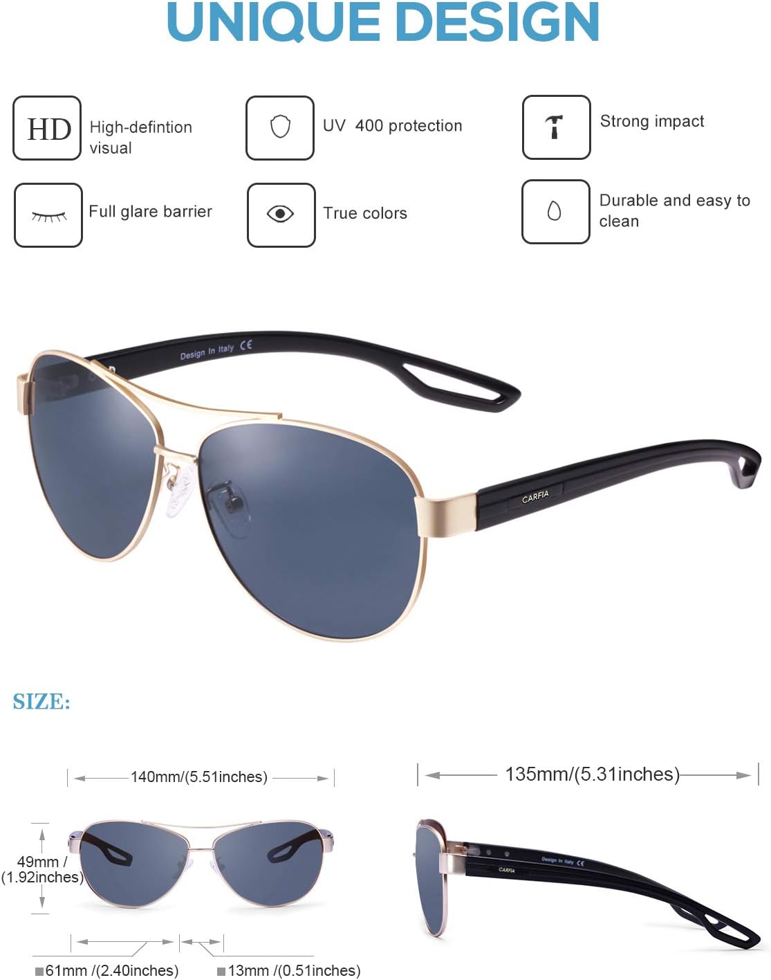 CARFIA Polarized Sunglasses for Women UV Protection Ultra-Lightweight Comfort Metal Frame Driving Glasses CA3210 - Image 5