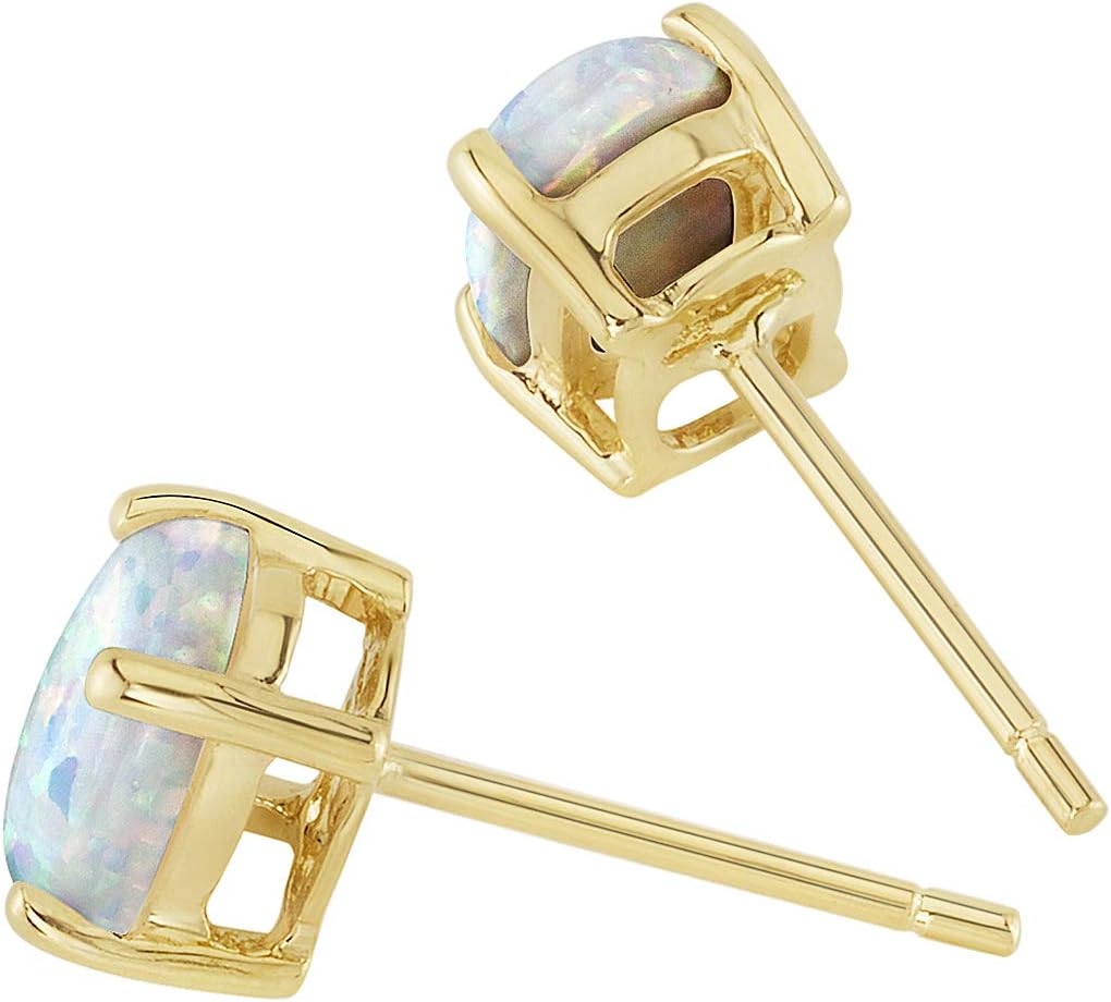 Peora 14K Yellow Gold Created White Fire Opal Earrings for Women, Hypoallergenic Solitaire Studs, 7x5mm Oval Shape, 1 Carat total, October Birthstone, Friction Back, Dainty, Iridescent Earrings,