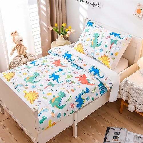 Holawakaka Juego de ropa de cama de 4 piezas para niños pequeños, colorido dinosaurio impreso en blanco, incluye edredón acolchado, sábana bajera,