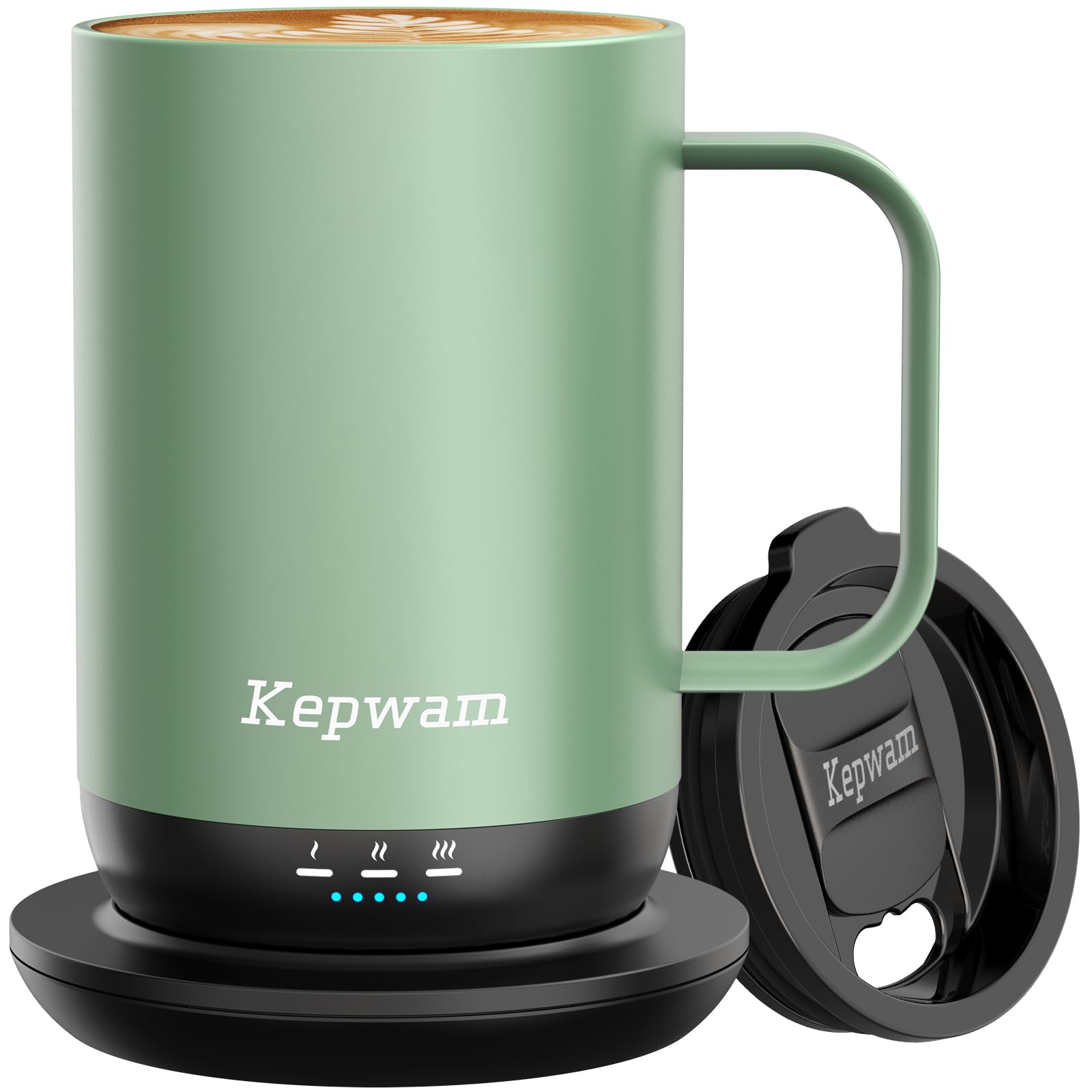 Kepwam T1 self-heating coffee mug 16 oz in sage green with charging coaster