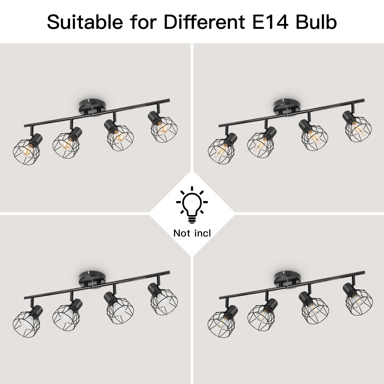 Dehobo Faretti da Soffitto con 4 Faretti Orientabili, Lampada da Soffitto Led Moderno Industriale in Metallo Nero, Luci da Soffitto per Soggiorno Corridoio, Lampadine E14 non Incluse Max. 40W