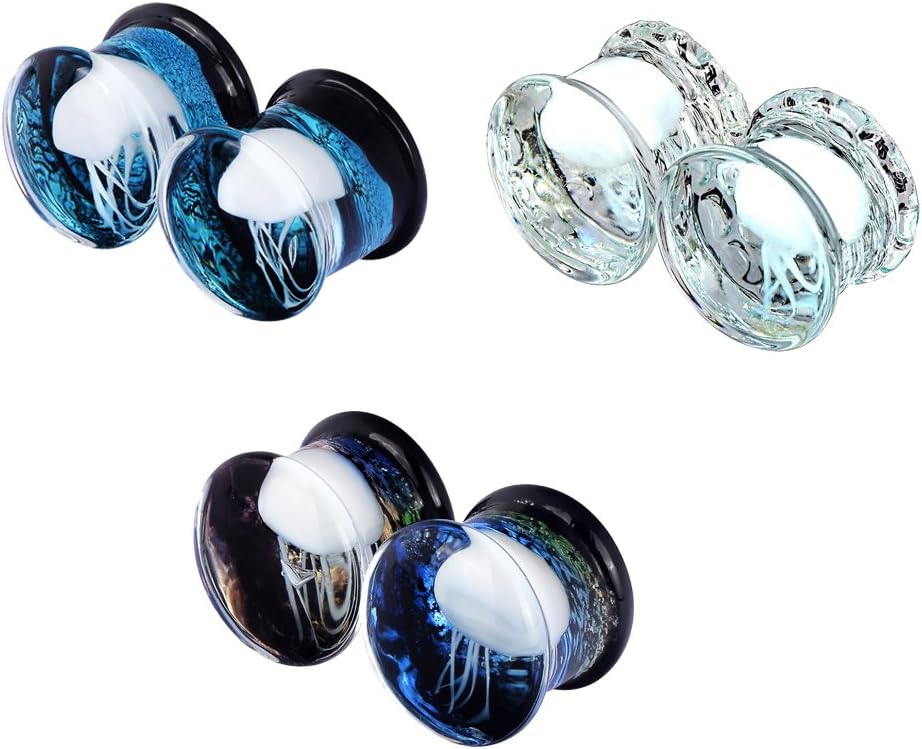 PHD LTD 1/3 Pairs Glass Ocean Jellifish Plugs Colorful Double Flared Ear Tunnels Plugs Stretcher Expander Gauge 0g-5/8