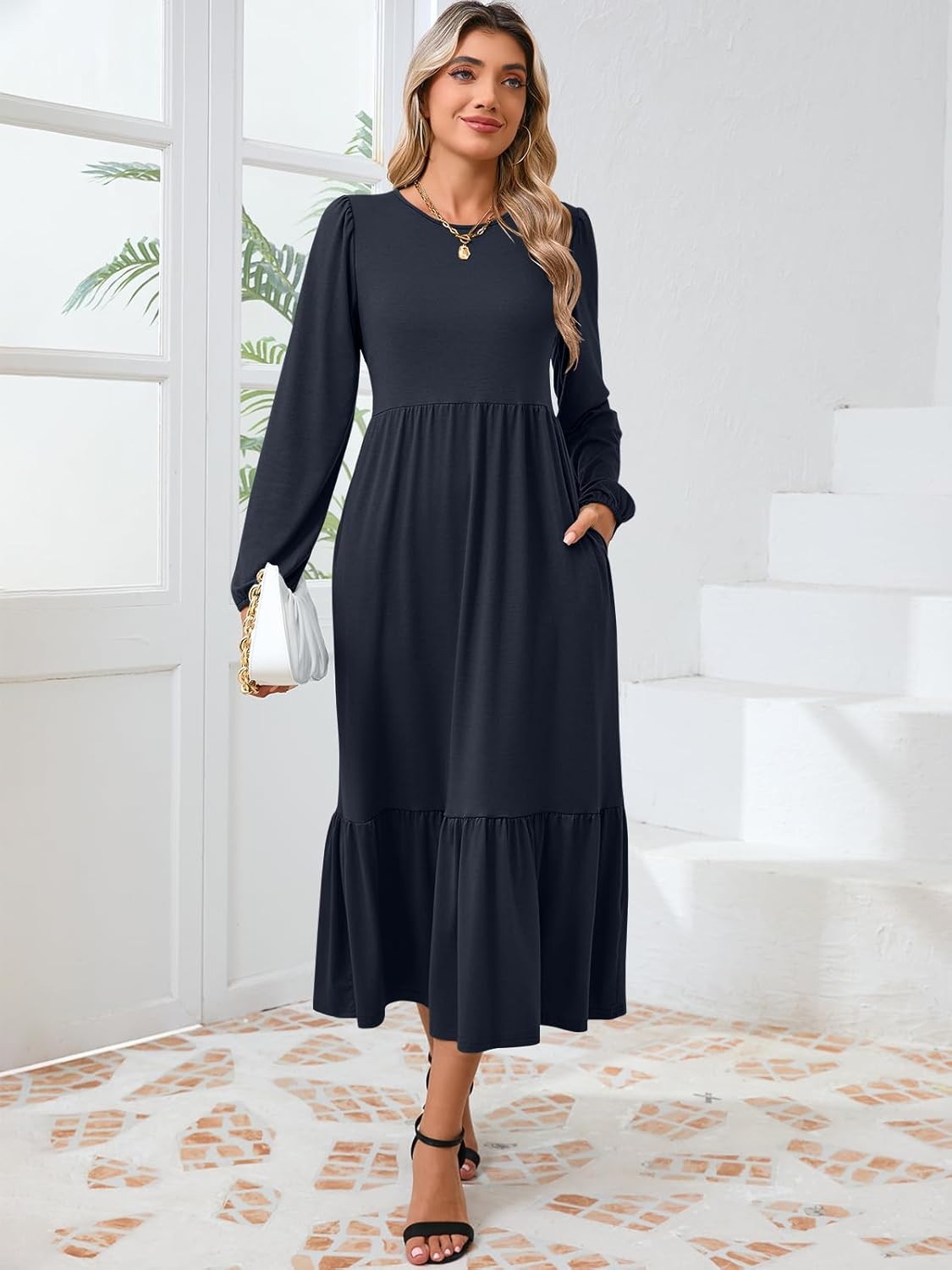 Women's Casual Long Sleeve Midi Dress 2024 Fall Crewneck A Line Tiered Flowy Loose Trendy Dresses with Pockets - Image 5
