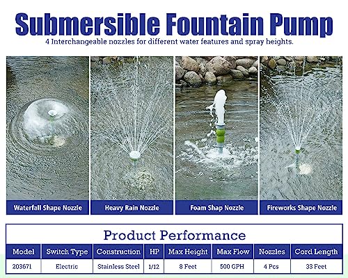 Green Expert Submersible Fountain Water Pump 50W Electric Pond Pump 500GPH with Four Spray Heads for Ponds, Fountains, Waterfalls, and Water Circulation, Stainless Steel