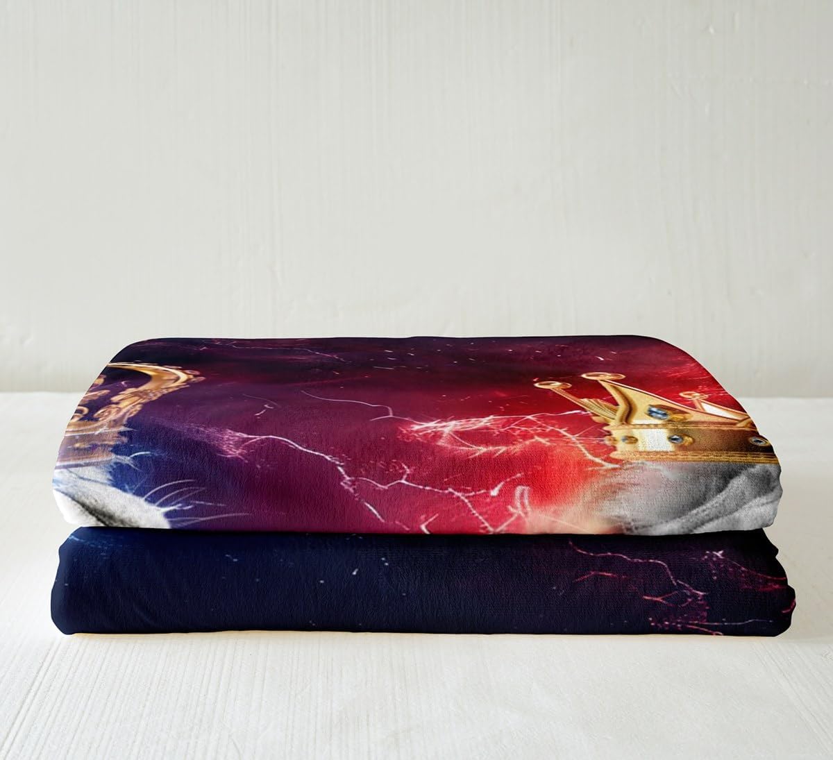 Wild Lion Couple Flannel Blanket,King and Queen Golden Crown Print Black Fuzzy Blanket for Children Present,3D African Animals Red Blue Lightning Polyester Throw Blanket, Twin Size (60 x 80 Inch)