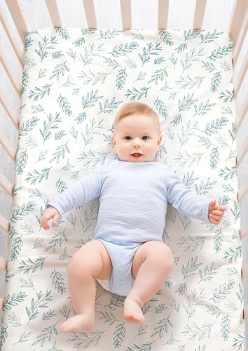 Miniatura 3 de Paquete de 4 sábanas bajeras de color verde salvia, transpirables, neutrales, unisex, para niños o niñas, con diseño de hojas y flores, sábana