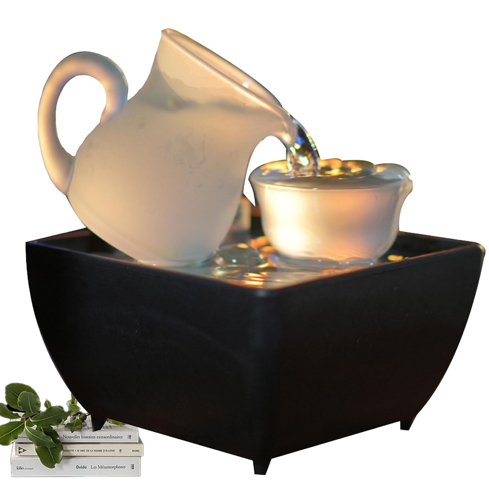 Fontaine d’Intérieur Cascade Jarre,Fontaine de Table Fleur en Verre,Théière Zen,Lumière LED Coloré,Ambiance Relaxante Méditation,pour la Décoration de la Maison,L'ameublement de Bureau,Salon