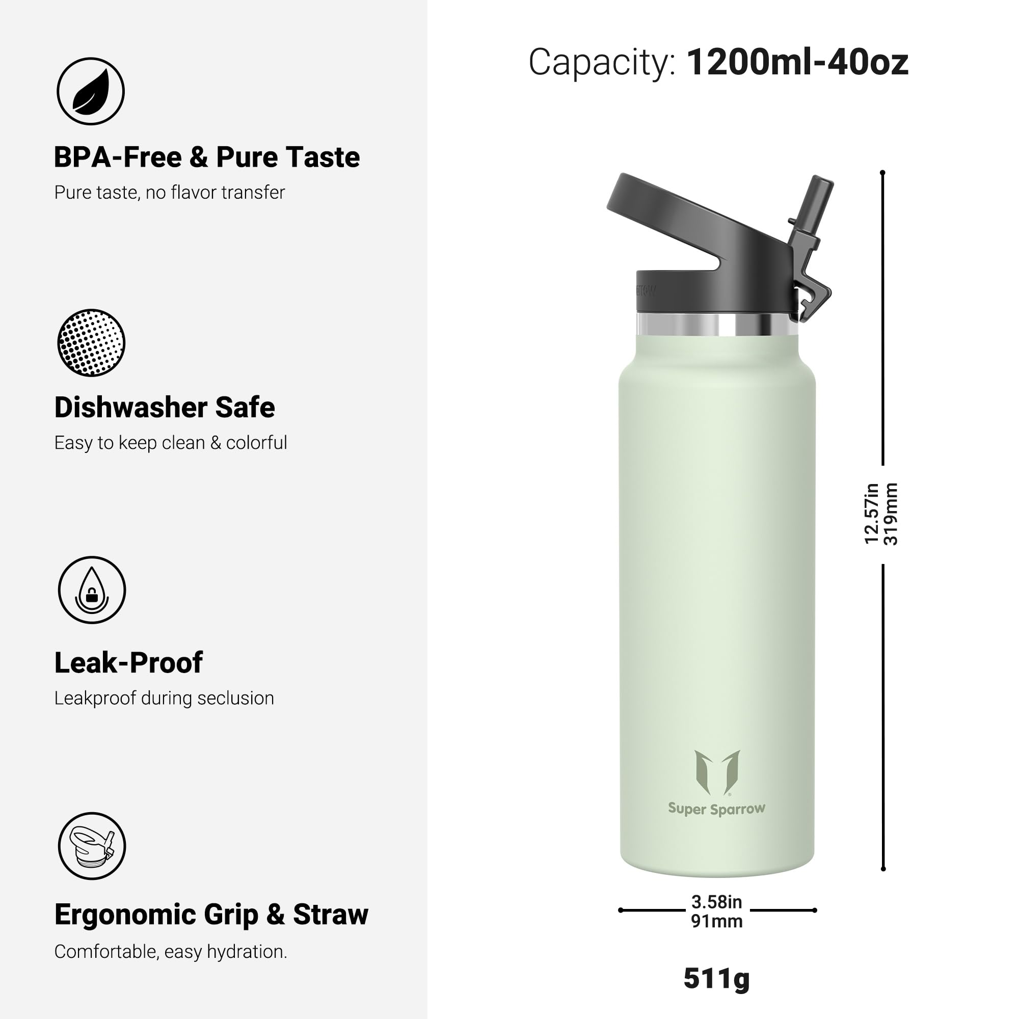 Super Sparrow Borraccia Termica - 500ml, 750ml, 1000ml, 1.2L, 1.5L- SwivelSip Inox Bottiglia - Senza BPA Borracce Termiche, Borraccia Ergonomica per Bambini, Sportiva, Bici, Campeggio, Palestra
