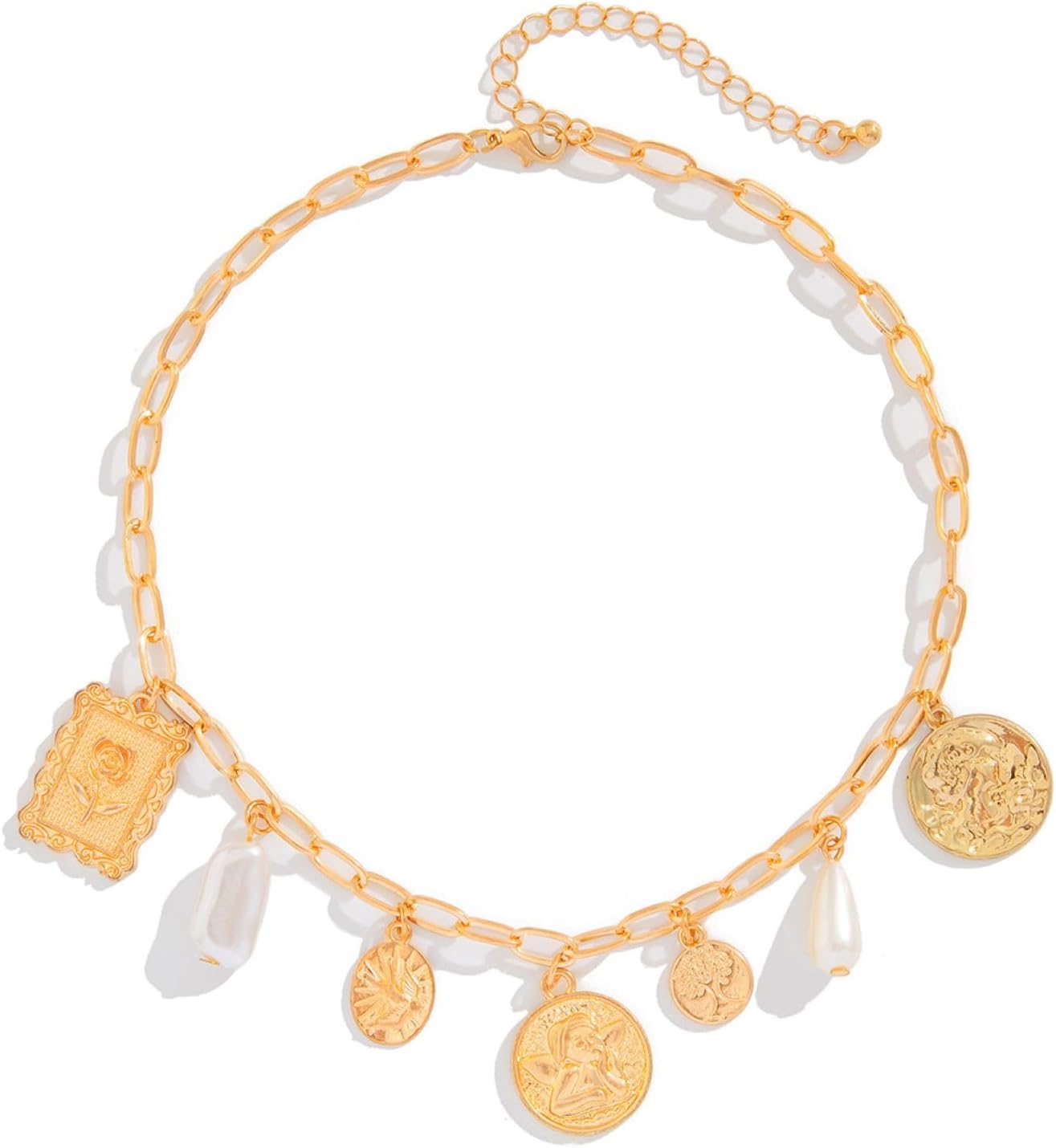 Gold Charm Necklace for Women Pearl Choker Necklace Head Portrait Square Pendant Necklace Boho Charm Necklace Jewelry for Women - Image 4