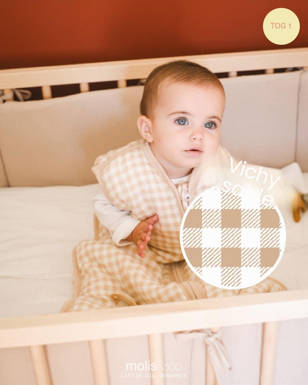 molis&co - Gigoteuse pour bébé - Gigoteuse Bébé Tog 1 - Mousseline de Bambou Première - Changement de Couche à accès à Zip Facile - Turbulette pour Bébé, Fille Garçon - Vichy Sand (6-18 mois)