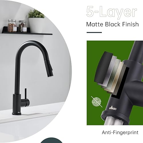 Miniatura 4 de APPASO - Grifo de cocina negro con dispensador de jabón, grifo de cocina negro mate con rociador extraíble, grifos de fregadero de cocina de 2 modos