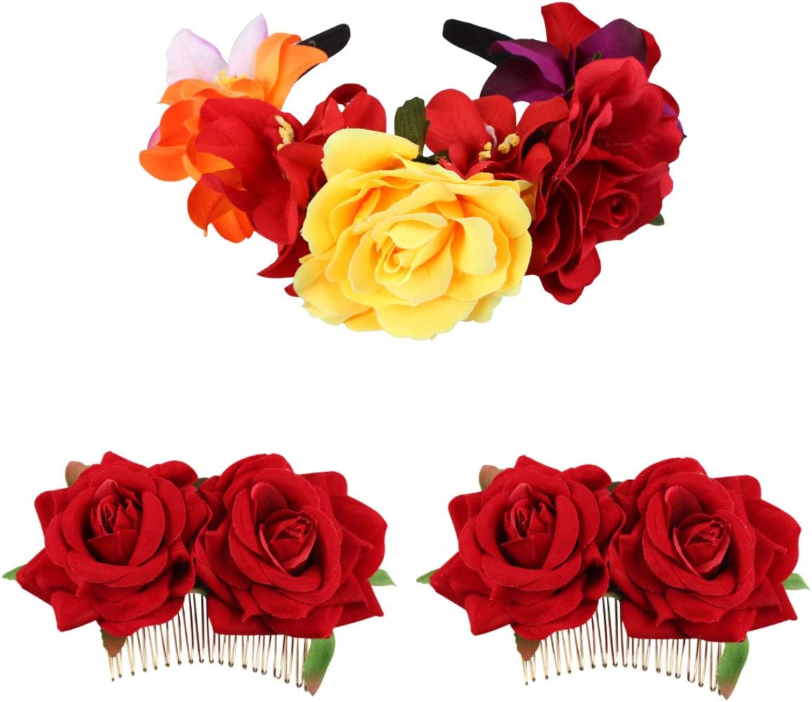 Mexican Flower Hair Clip, Kisslife Rose Flower Hair Clip Women Rose Flower Hair Accessories, The Dead Headband Costume Rose Flower Crown Mexican Headpiece Festival Wedding Hair Clip Flamenco Dancer