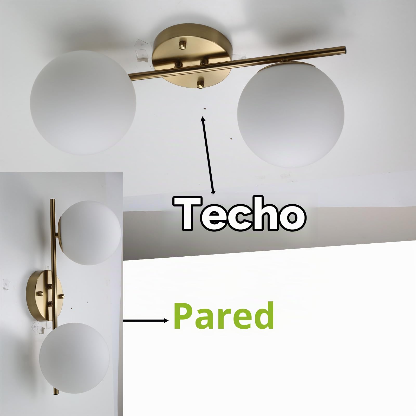 Alpinaluz Aplique de Pared Dorado, Lámpara de Pared con 2 Bolas de Cristal Opaco Blanco, Portalámparas E27 para Bombillas G45, Iluminación Decorativa para Dormitorio, Salón y Pasillo