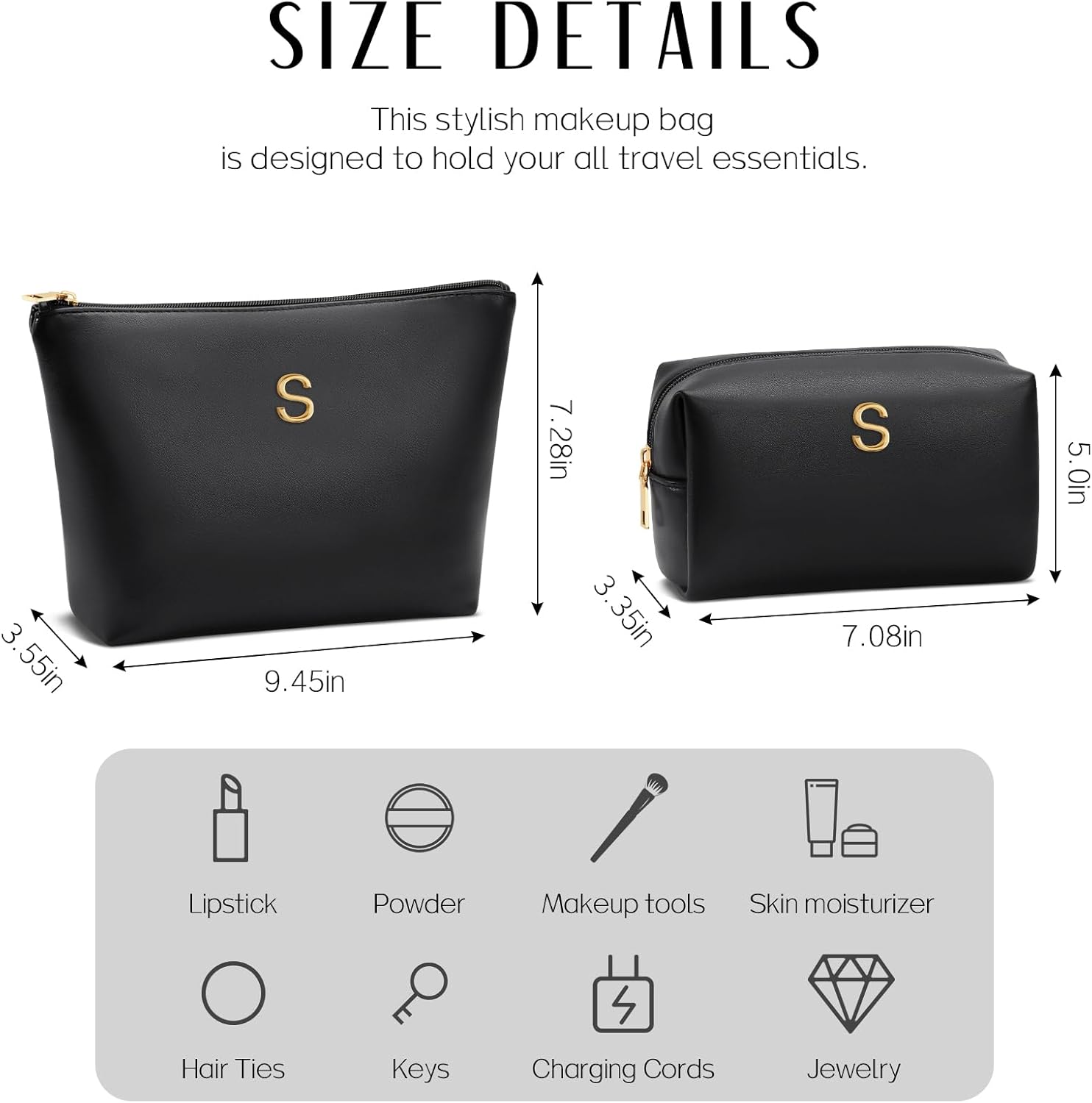 Birthday Gifts for Women Initial Makeup Bag Set Personalized Girl Cosmetic Travel Toiletry Bag Gifts for Bridesmaid Friend Graduation Teachers(Black,S) - Image 4