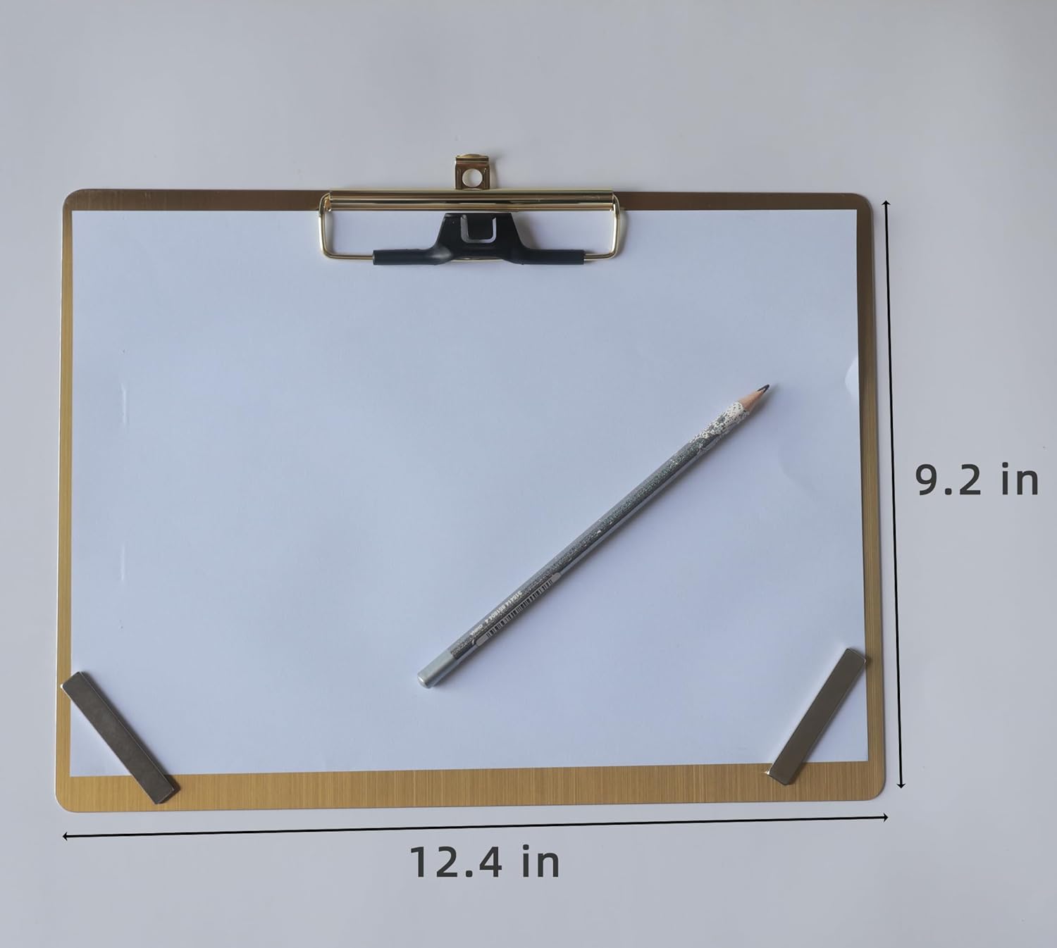 Stainless Steel Magnetic Side Clip Clipboards,Gold Clipboard 8.5×11 with Pen Holder,Horizontal Metal Clip Board with Low Profile Clip (9.2"x12.5" Landscape)