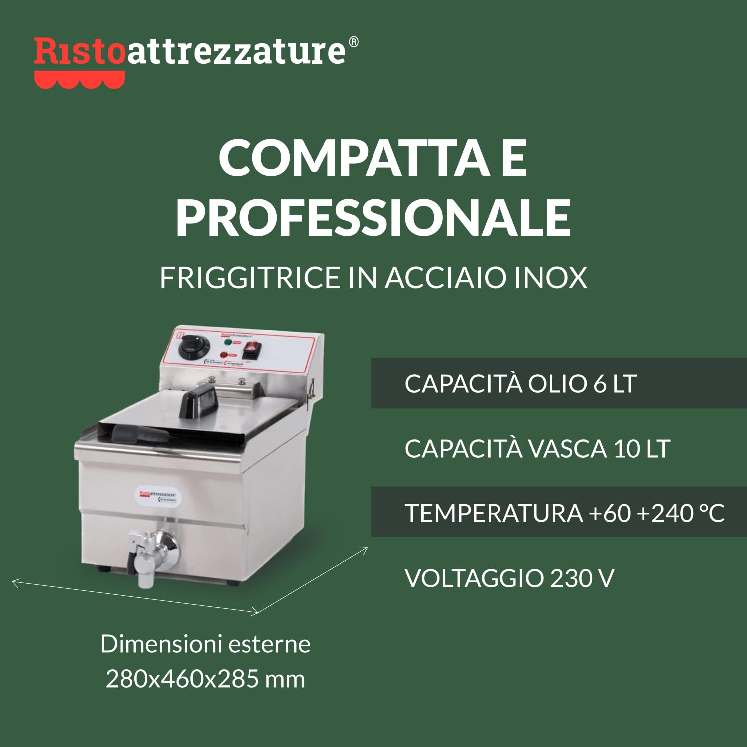Ristoattrezzature Friggitrice Elettrica Singola Vasca, Professionale in Acciaio Inox - con Rubinetto di Scarico - 10 Litri, Capacità Olio 6 Litri - 220 Volt