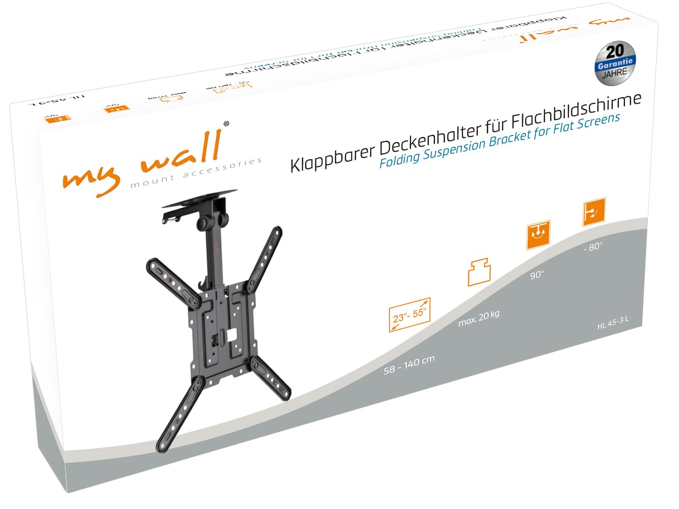 mywall Soporte de techo plegable para TV HL45-3L, capacidad de carga de hasta 20 kg pantallas de 23-55 pulgadas, altura ajustable, diseño que ahorra espacio, montaje en techo inclinado, giro integrado